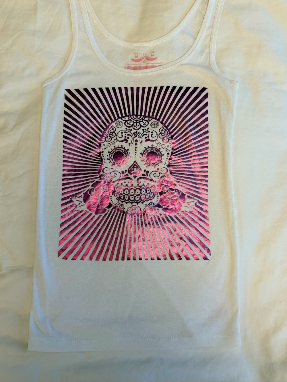 White Tank Top with Pink Metallic Sugar Skull Graphic
